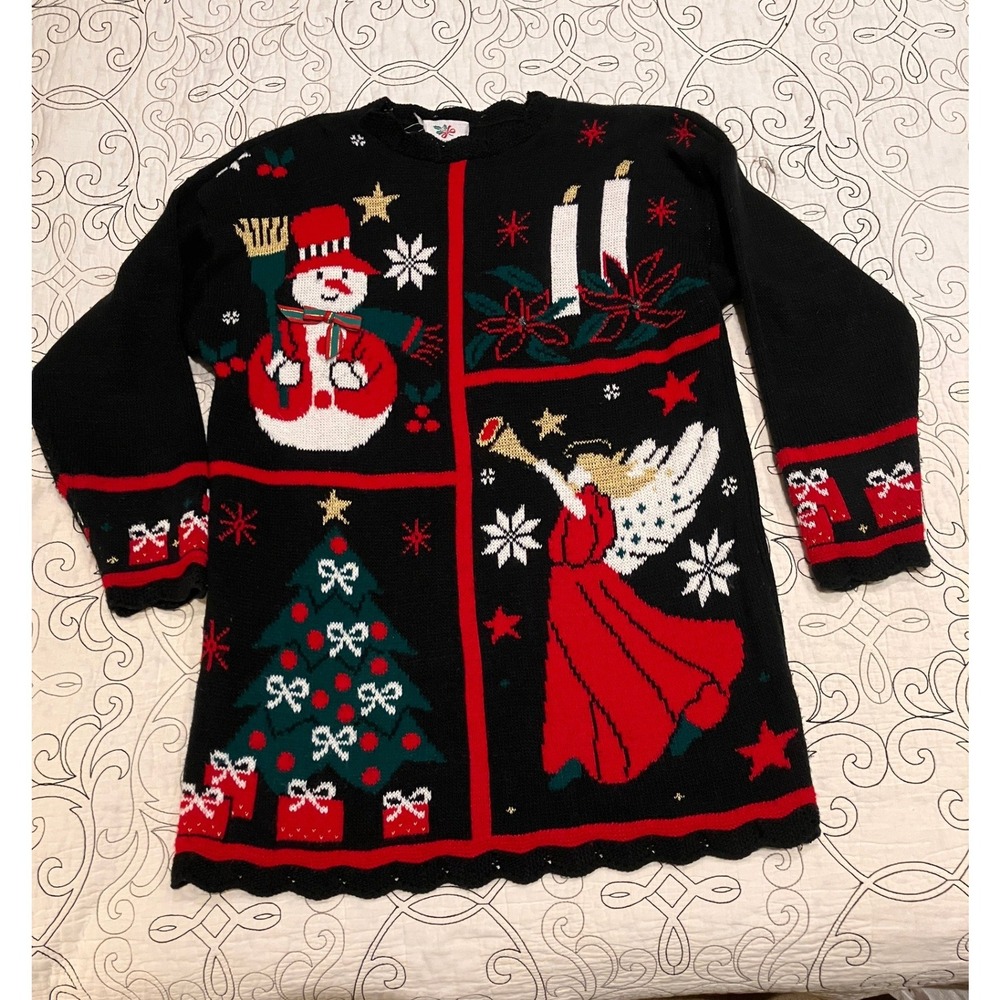 Vintage NutCracker Christmas Sweater Tunic Black Red Snowman Angel Scalloped 90s
